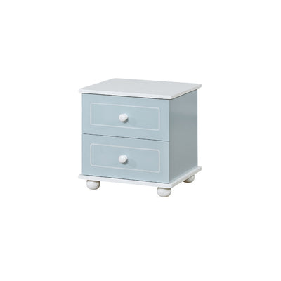 Two Drawer Solid Wood Nightstand with Round Feet, Blue And White
