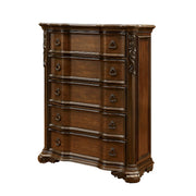 Five Drawer Solid Wood Chest with Floral Trim Accent, Cherry Brown