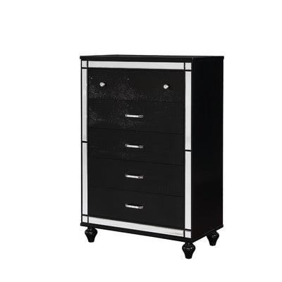 Five Drawer Solid Wood Chest with Mirror Accent Trim Front, Black