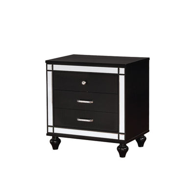 Three Drawer Solid Wood Nightstand with Mirror Accent Trim Front, Black