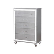 Five Drawer Solid Wood Chest with Mirror Accent Trim Front, Silver
