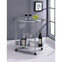 Oval Shaped Two Glass Shelves Metal Serving Cart with Casters, Silver