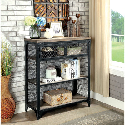 Wire Mesh Metal Book Stand with Wooden Top and Spacious Storage, Black and Brown