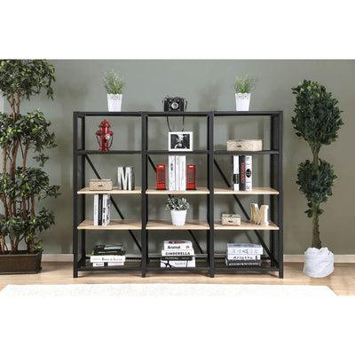 Wooden Four Tier Metal Bookshelf with Mesh Sides, Black and Brown