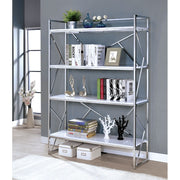 Four Shelf Metal Bookcase with Geometric Sides And Back Design, White and Silver