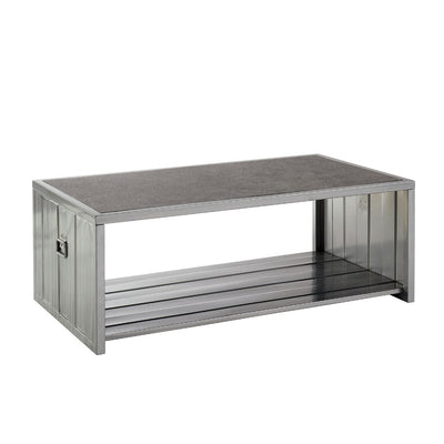 Wooden Box Shape Coffee Table with Open Bottom Shelf and Metal Handles, Silver