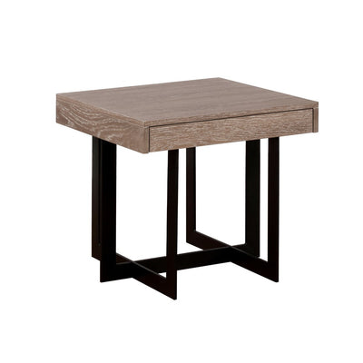 Industrial Style Solid Wood End Table with One Drawer and Metal Base, Brown and Black
