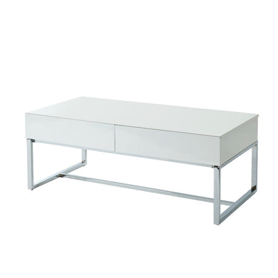 Contemporary Rectangular Coffee Table with Two Drawers and Metal Base, White and Silver