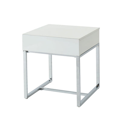 Square Shape Wooden End Table with One Drawers and Metal Base, White and Silver