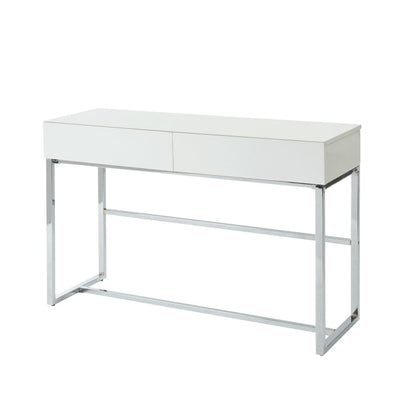 Contemporary Rectangular Wooden Sofa Table with Two Drawers and Metal Base, White and Silver