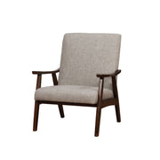 Fabric Upholstered Accent Chair with Wooden Curved Arms and Slanted Feet, Light Gray and Brown