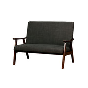 Fabric Upholstered Loveseat with Wooden Curved Arms and Slanted Feet, Dark Gray and Brown