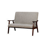 Fabric Upholstered Loveseat with Wooden Curved Arms and Slanted Feet, Light Gray and Brown