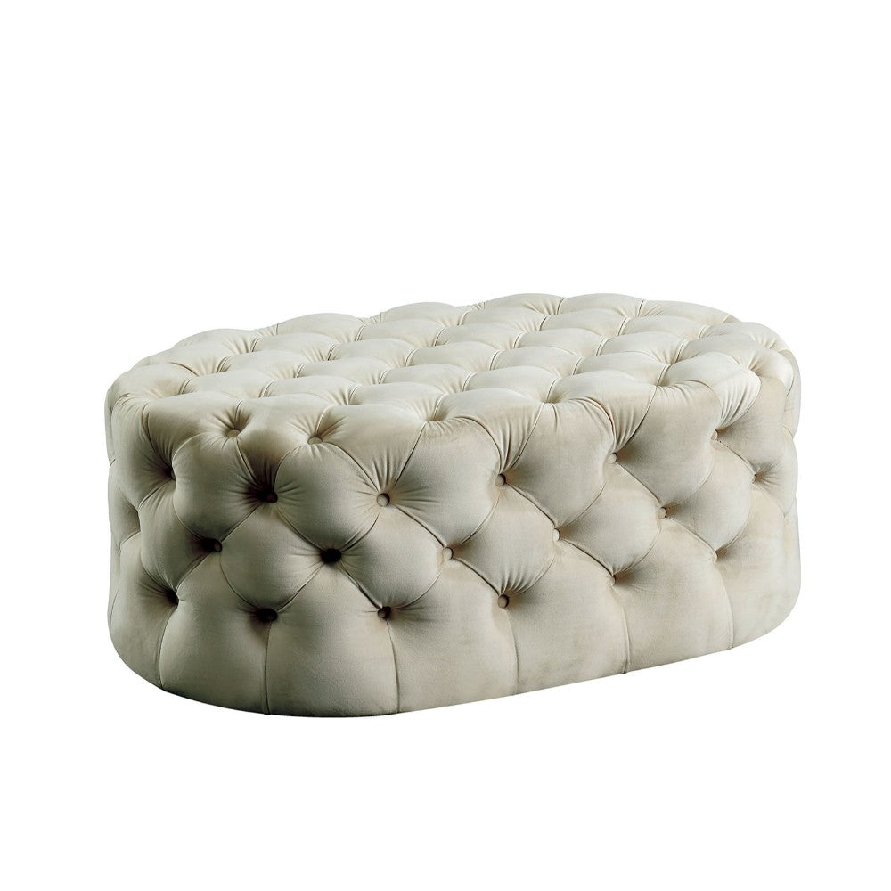 Traditional Style Flannelette Upholstered Oval Button Tufted Wooden Ottoman, Beige