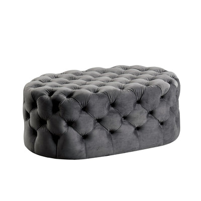 Traditional Style Flannelette Upholstered Oval Button Tufted Wooden Ottoman, Gray