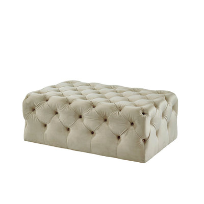 Traditional Flannelette Upholstered Rectangular Button Tufted Wooden Ottoman, Beige