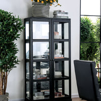Transitional Wooden Curio Cabinet with Two Glass Doors and Four Shelves, Black