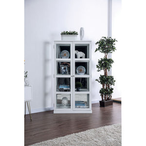 Transitional Wooden Curio Cabinet with Two Glass Doors and Four Shelves, White