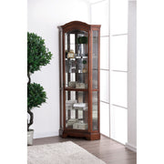Traditional Style Wooden Corner Cabinet with Multiple Shelves and Glass Door, Brown