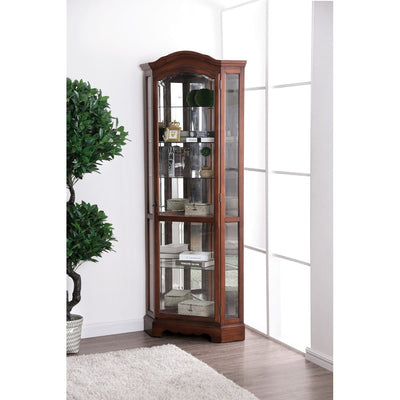 Traditional Style Wooden Corner Cabinet with Multiple Shelves and Glass Door, Brown