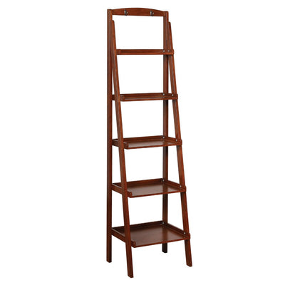 Contemporary Five Tier Wooden Ladder Shelf with Two Attached Hook On Top, Oak Brown