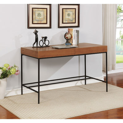 Industrial Wooden Desk with Two Drawer Storage and Metal Base, Brown and Black