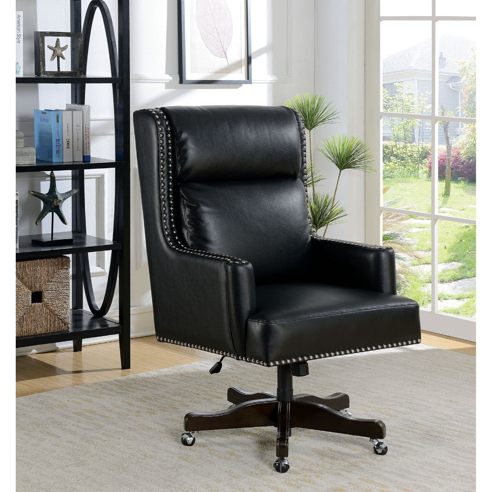 Leatherette Office Chair with Slit Back Cushions and Nail head Trim, Black