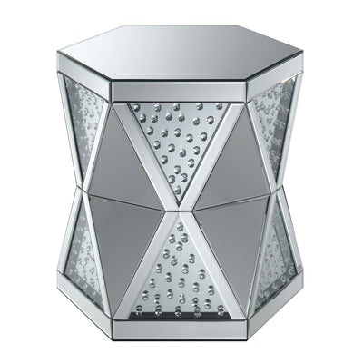 Hexagonal Shaped Glass Top End Table with Diamond Pattern Base, Silver