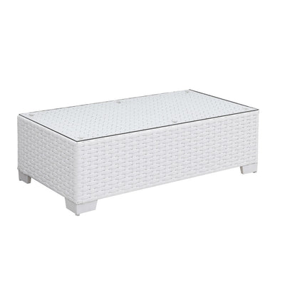 Aluminum Frame Rectangular Coffee Table with Woven Wicker Base and Glass On Top, White