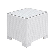 Aluminum Frame Square End Table with Woven Wicker Base and Glass On Top, White