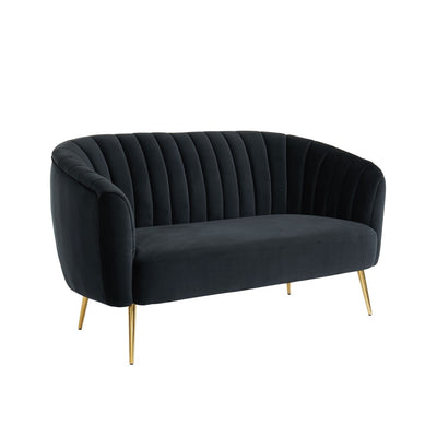 Fabric Upholstered Wooden Loveseat with Shell Tufting and Metal Splayed Legs, Black and Gold