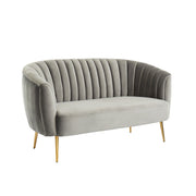 Fabric Upholstered Wooden Loveseat with Shell Tufting and Metal Splayed Legs, Gray and Gold