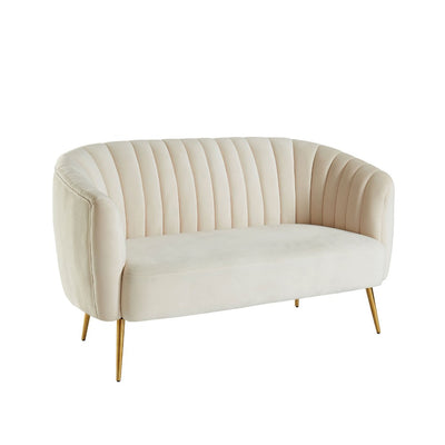 Fabric Upholstered Wooden Loveseat with Shell Tufting and Metal Splayed Legs, Cream and Gold