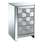 Three Drawer Mirrored Side Table with Checkered Front Panel, Silver