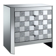 Three Drawer Mirrored End Table with Checkered Front Panel, Silver