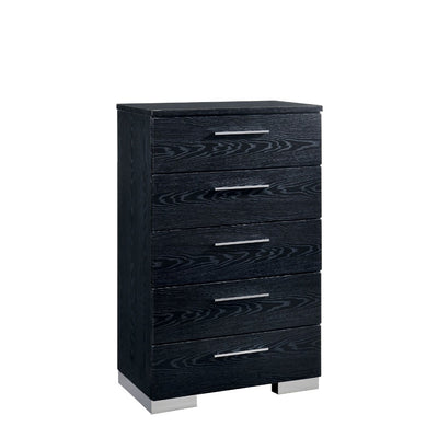 Five Drawer Solid Wood Chest with Chrome Bar Handles, Black