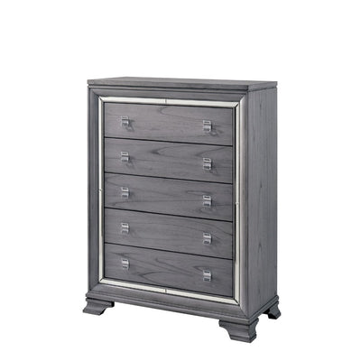 Five Drawer Solid Wood Chest with Mirror Trim Front Outline, Gray
