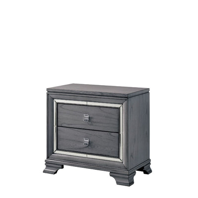 Mirror Trim Accented Two Drawer Solid Wood Nightstand with Bracket Feet, Light Gray