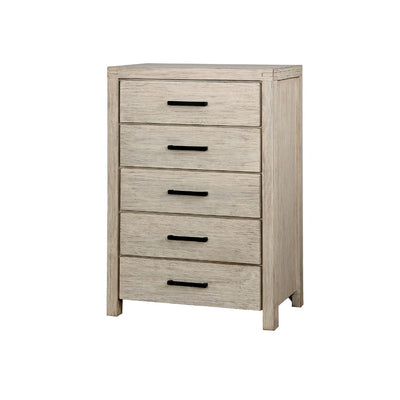 Five Drawer Solid Wood Chest with Metal Bar Handles and Block Feet, Antique White