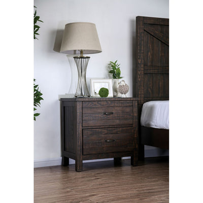 Two Drawer Solid Wood Night Stand with Block Legs and Bar Handles, Espresso Brown