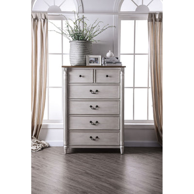 Dual Tone Five Drawers Wooden Chest with Tapered Feet Support, White and Brown
