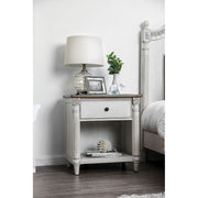 Dual Tone Solid Wood Night Stand with Turned Pillar Style Legs, White and Brown