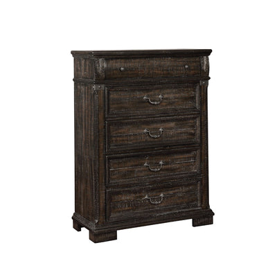 Distressed Five Drawer Wooden Chest with Metal Bail Handles, Brown