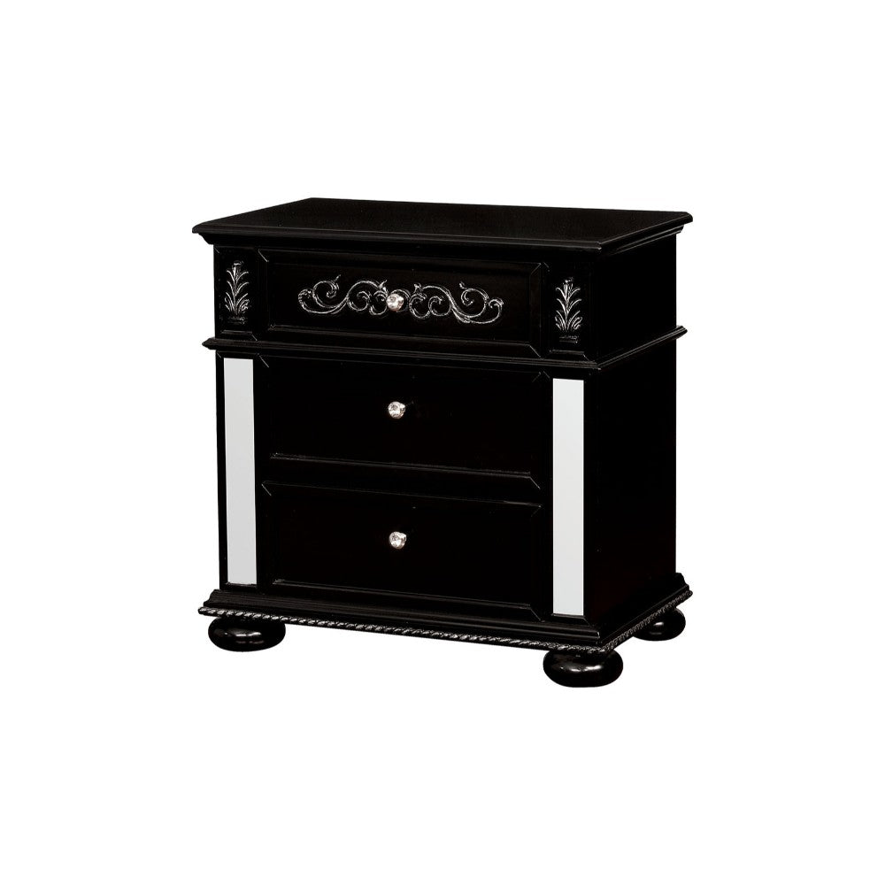 Three Drawer Solid Wood Nightstand with Crystal Knobs and Bun Feet, Black