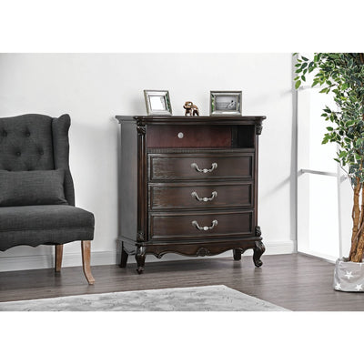 Three Drawer Solid Wood Media Chest with Open Shelf and Scrolled Legs, Brown