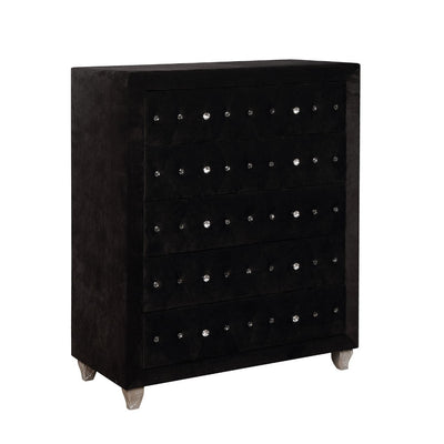 Fabric Upholstered 5 Drawer Wooden Chest with Crystal Accents, Black