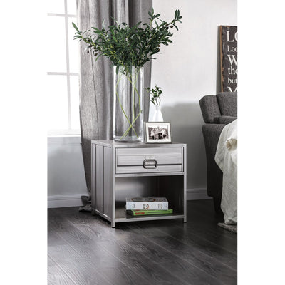 Industrial Style Metal Nightstand with Drawer and Bottom Shelf, Gray