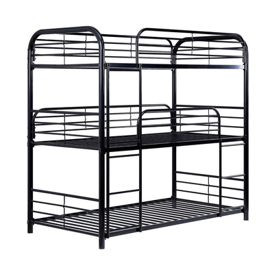 Metal Frame Three Tier Twin Size Bunk Bed with 2 Attached Ladders and Side Rails, Black