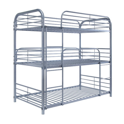 Metal Frame Three Tier Twin Size Bunk Bed with 2 Attached Ladders and Side Rails, Silver