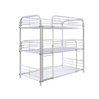 Metal Frame Three Tier Twin Size Bunk Bed with 2 Attached Ladders and Side Rails, White